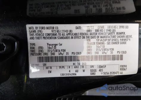 2014 Ford Focus Se z USA, uszkodzony, nr VIN 1FADP3F25EL189571